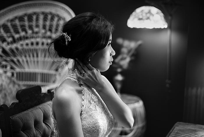 Bride preparation portrait in black and white